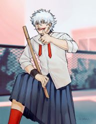 Rule 34 | 1boy, absurdres, alternate costume, artist name, black choker, blue skirt, blurry, blurry background, candy, chain-link fence, choker, crossdressing, dated, day, fence, food, gintama, godzillapigeon1, grin, hair between eyes, happy, highres, leg up, lipstick, lollipop, long sleeves, looking at viewer, makeup, male focus, mouth hold, necktie, outdoors, pleated skirt, red eyes, red necktie, red socks, sakata gintoki, school uniform, shirt, short hair, signature, skirt, smeared lipstick, smile, socks, solo, sweatband, teeth, undone necktie, v-shaped eyebrows, white hair, white shirt
