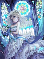 Rule 34 | 1girl, anastasia (idolmaster), bare shoulders, blue eyes, blue flower, blue neckwear, blue ribbon, blue rose, blush, bouquet, breasts, bridal veil, choker, church, cleavage, collarbone, dress, floral print, flower, frill trim, frills, gloves, grey hair, hair between eyes, half gloves, highres, idolmaster, idolmaster cinderella girls, indoors, lily (flower), looking at viewer, medium breasts, petals, ribbon, rose, rum raisin (chihiromakita19), short hair, sleeveless, sleeveless dress, smile, solo, stained glass, strapless, strapless dress, tiara, veil, wedding dress, white dress, white flower, white gloves, window