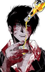 Rule 34 | 1boy, absurdres, black eyes, black hair, black jacket, blood, blood on clothes, blood on face, blood on hands, bottle, closed mouth, collared shirt, cup, hand up, highres, holding, holding cup, jacket, male focus, my nameisyoon, nicholas d. wolfwood, pouring, shirt, short hair, simple background, solo, trigun, upper body, white background, white shirt