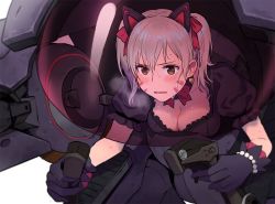 Rule 34 | 1girl, animal ears, black cat d.va, black gloves, blush, breasts, breath, brown eyes, cat ears, cleavage, d.va (overwatch), earrings, facial mark, fake animal ears, fang, finger on trigger, gloves, grey hair, hair ornament, heart, heart earrings, heavy breathing, jewelry, large breasts, lino chang, overwatch, overwatch 1, parted lips, riding, short twintails, solo, sweat, twintails