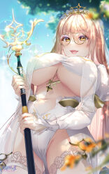 Rule 34 | 1girl, :d, blue sky, blurry, blurry background, blush, breasts, brown eyes, commentary request, day, dress, glasses, hair between eyes, highres, holding, holding staff, hozumi kaoru, jewelry, large breasts, light brown hair, lips, long hair, long sleeves, navel, necklace, nijisanji, nui sociere, nui sociere (6th costume), open mouth, outdoors, signature, sky, smile, solo, sparkle, staff, stomach, tree, underboob, virtual youtuber, white dress