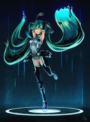 Rule 34 | 1girl, armpits, arms up, cony (la locura), digital dissolve, elbow gloves, gloves, green eyes, green hair, hatsune miku, long hair, matching hair/eyes, necktie, neon trim, skirt, solo, standing, standing on one leg, thighhighs, tron, twintails, very long hair, vocaloid