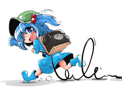 Rule 34 | 1girl, antique phone, blue eyes, blue hair, boots, commentary, corded phone, full body, hair bobbles, hair ornament, hair over one eye, hat, highres, kawashiro nitori, long sleeves, looking back, matching hair/eyes, open mouth, phone, rotary phone, rubber boots, running, shadow, shinapuu, simple background, skirt, skirt set, solo, touhou, twintails, two side up, white background, wire