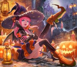 Rule 34 | 1girl, blue eyes, candle, dragon tail, elizabeth bathory (fate), elizabeth bathory (fate/extra ccc), elizabeth bathory (fate/grand order), elizabeth bathory (halloween caster) (fate), fangs, fate/grand order, fate (series), halloween, highres, horns, jack-o&#039;-lantern, lack, lantern, long hair, panties, pink hair, pink panties, pointy ears, pointy footwear, shoes, smile, solo, striped clothes, striped panties, tail, underwear