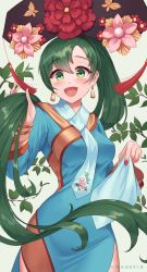 Rule 34 | 1girl, absurdres, alternate costume, artist name, asymmetrical bangs, awan0918, blue dress, bracelet, breasts, dress, earrings, fire emblem, fire emblem: the blazing blade, floral print, flower, green eyes, green hair, grey background, hand in own hair, handkerchief, hat, highres, jewelry, leaf, long hair, long sleeves, looking at viewer, lyn (fire emblem), medium breasts, nail polish, nintendo, open mouth, parted bangs, plant, ponytail, red nails, side slit, simple background, smile, solo, tassel, very long hair