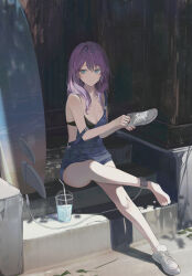 Rule 34 | 1girl, absurdres, barefoot, bikini, black bikini, blue eyes, blue overalls, breasts, cleavage, commentary, cup, dappled sunlight, drinking straw, full body, highres, jenmin12, light smile, long hair, looking to the side, original, overalls, purple hair, shadow, sitting, sitting on stairs, small breasts, solo, stairs, strap slip, summer, sunlight, surfboard, swimsuit, unworn footwear