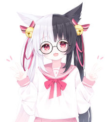 Rule 34 | 1girl, :3, :d, alice mana, alice mana channel, animal ears, bell, blunt bangs, blurry, bow, cat ears, depth of field, deyui, double w, glasses, hair bell, hair bow, hair ornament, hair ribbon, highres, jingle bell, long hair, long sleeves, looking at viewer, multicolored hair, open mouth, red eyes, ribbon, school uniform, serafuku, sidelocks, signature, simple background, smile, solo, twintails, two-tone hair, virtual youtuber, w, white background