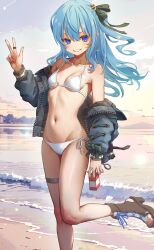 Rule 34 | 1girl, absurdres, alternate costume, annmitsu114, armpit crease, beach, bikini, blue eyes, blue hair, blush, breasts, brown footwear, cloud, cloudy sky, collarbone, commentary, feet, floating hair, foot out of frame, green ribbon, hair between eyes, hair ribbon, hand up, high heels, highres, holding, hololive, hoshimachi suisei, jacket, juice box, long hair, long sleeves, looking at viewer, nail polish, navel, ocean, off shoulder, one side up, open clothes, open jacket, outdoors, red nails, ribbon, ribbon trim, sandals, shiny skin, side-tie bikini bottom, sky, small breasts, smile, solo, standing, standing on one leg, star (symbol), star in eye, stomach, swimsuit, symbol in eye, thigh strap, thighs, toeless footwear, toenail polish, toenails, toes, virtual youtuber, w, white bikini