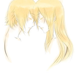 Rule 34 | 1boy, 1girl, arc system works, blazblue, blazblue: calamity trigger, blonde hair, collair (cono), closed eyes, face-to-face, forehead-to-forehead, heads together, kisaragi jin, long hair, noel vermillion, profile, short hair, symmetry