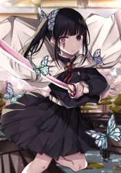 Rule 34 | 1girl, absurdres, animal, belt, black hair, black jacket, black skirt, blurry, blurry background, blurry foreground, bug, butterfly, butterfly hair ornament, cape, closed mouth, commentary request, depth of field, hair ornament, highres, holding, holding sword, holding weapon, insect, jacket, katana, kimetsu no yaiba, long hair, long sleeves, looking at viewer, norazura, pleated skirt, purple eyes, side ponytail, skirt, solo, spoilers, standing, standing on one leg, sword, tsuyuri kanao, v-shaped eyebrows, weapon, white belt, white cape