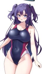 Rule 34 | 1girl, black one-piece swimsuit, blue archive, breasts, competition swimsuit, covered navel, halo, highres, kusunoki toona, large breasts, multicolored clothes, multicolored swimsuit, one-piece swimsuit, parted bangs, purple eyes, purple hair, simple background, solo, swimsuit, two side up, white background, yuuka (blue archive)