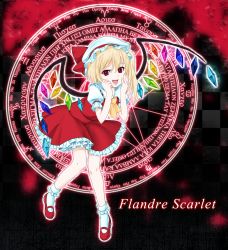 Rule 34 | 1girl, ascot, blonde hair, fang, female focus, flandre scarlet, frills, greek text, hands on own cheeks, hands on own face, hat, hat ribbon, highres, looking at viewer, mary janes, open mouth, pigeon-toed, red eyes, ribbon, rokkouoroshi, shoes, short hair, side ponytail, smile, socks, solo, touhou, wings, zodiac