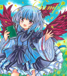 Rule 34 | 1girl, adapted costume, bird wings, black bow, black dress, blue dress, blue hair, blue ribbon, book, bow, day, dot nose, dress, fang, feet, flower, frilled dress, frills, hand up, head wings, holding, holding book, horns, lace, lace-trimmed dress, lace trim, light blush, long sleeves, looking at viewer, marker (medium), medium hair, multicolored clothes, multicolored dress, open mouth, outdoors, petals, red eyes, red wings, ribbon, rui (sugar3), sample watermark, silver hair, single head wing, skin fang, smile, solo, tokiko (touhou), touhou, traditional media, watermark, wide sleeves, wings