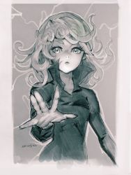 Rule 34 | 10s, 1girl, 2015, artist name, black dress, closed mouth, dated, dress, eyelashes, flipped hair, frown, greyscale, looking at viewer, monochrome, nax, one-punch man, outstretched hand, reaching, short hair, signature, sketch, solo, tatsumaki, upper body