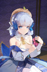 1girl absurdres ayaka_(genshin_impact) bare_shoulders blue_dress blue_eyes blunt_bangs breasts cleavage commentary_request dress flower genshin_impact gong_cha grey_hair hair_flower hair_ornament hat highres indoors kamisato_ayaka kamisato_ayaka_(springbloom_missive) long_sleeves looking_at_viewer medium_breasts off_shoulder official_alternate_costume short_hair solo upper_body white_flower