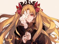 Rule 34 | 1girl, armlet, black dress, black nails, black tiara, blonde hair, blurry, bow, depth of field, dress, earrings, ereshkigal (fate), ereshkigal (third ascension) (fate), fate/grand order, fate (series), film grain, flower, flower over eye, gold earrings, hair bow, hands up, holding, holding flower, infinity symbol, jewelry, light blush, long hair, long sleeves, looking at viewer, maka (mksrw), multiple hair bows, nail polish, parted bangs, parted lips, red bow, red eyes, signature, simple background, skull, smile, solo, tiara, two side up, upper body, white flower, yellow background