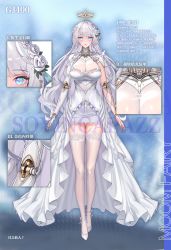 Rule 34 | 1girl, breasts, dress, floating hair, flower, full body, hair flower, hair ornament, high heels, highres, large breasts, long hair, mecha musume, mechanical arms, see-through, silver hair, solo, thighhighs, tsuki no i-min, virtual youtuber, white dress, white footwear, white thighhighs