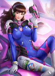 Rule 34 | 1girl, animal print, arm support, artist name, blizzard (company), blue sky, bodysuit, breasts, brown eyes, brown hair, charm (object), cityscape, clothes writing, d.va (overwatch), facepaint, facial mark, finger on trigger, gun, handgun, headphones, highres, john law bc, long hair, looking at viewer, matching hair/eyes, medium breasts, meka (overwatch), nose, outdoors, overwatch, overwatch 1, pilot suit, pistol, rabbit print, realistic, ribbed bodysuit, shoulder pads, signature, sitting, skin tight, sky, smile, solo, swept bangs, weapon, whisker markings