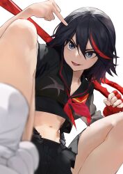 Rule 34 | 1girl, black hair, black sailor collar, black serafuku, black skirt, blue eyes, blurry, blurry foreground, breasts, commentary, crop top, cropped shirt, depth of field, fatur rasid, fingerless gloves, from below, gloves, hair between eyes, holding, holding weapon, huge weapon, kill la kill, long bangs, looking at viewer, looking down, matoi ryuuko, medium breasts, messy hair, middle finger, midriff, multicolored hair, navel, neckerchief, over shoulder, parted lips, pleated skirt, red gloves, red hair, red neckerchief, romaji commentary, sailor collar, school uniform, scissor blade (kill la kill), senketsu, serafuku, short hair, simple background, single glove, skirt, smile, socks, solo, squatting, streaked hair, suspenders, tongue, tongue out, two-tone hair, upturned eyes, weapon, weapon over shoulder, white background, white socks