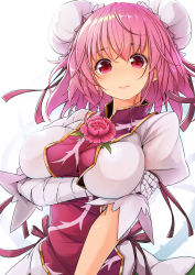 Rule 34 | 1girl, arm garter, bandaged arm, bandages, blouse, blush, breast hold, breasts, bun cover, closed mouth, covered erect nipples, double bun, flower, green skirt, hair bun, highres, ibaraki kasen, large breasts, looking at viewer, maru-pen, pink eyes, pink flower, pink hair, pink rose, puffy short sleeves, puffy sleeves, rose, shirt, short hair, short sleeves, skirt, smile, solo, tabard, touhou, upper body, white shirt