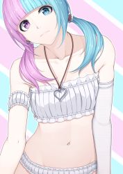 Rule 34 | 1girl, arm garter, asymmetrical gloves, bad id, bad pixiv id, bandeau, bare shoulders, blue eyes, blue hair, blunt bangs, bra, cinderella bust, collarbone, elbow gloves, gloves, groin, head tilt, heart, heart necklace, heisei yutorin, heterochromia, jewelry, light smile, long hair, looking at viewer, midriff, multicolored hair, navel, necklace, original, panties, pink eyes, pink hair, single elbow glove, single glove, solo, split-color hair, strapless, tube top, twintails, two-tone hair, underwear, uneven gloves, upper body, white bra, white panties