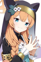 Rule 34 | 1girl, absurdres, armlet, blue archive, blush, braid, closed mouth, green eyes, habit, halo, hands up, highres, long hair, long sleeves, looking at viewer, mari (blue archive), morumoru x, orange hair, own hands together, sailor, simple background, single braid, smile, solo, steepled fingers, turtleneck, upper body, white background