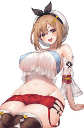 Rule 34 | 1girl, atelier (series), atelier ryza, atelier ryza 1, bare shoulders, breasts, brown eyes, brown hair, covered erect nipples, detached sleeves, groin, hair ornament, hairclip, hat, highres, leaning back, looking at viewer, lowleg, lowleg shorts, mahou kyuuri, navel, red shorts, reisalin stout, see-through, see-through sleeves, short hair, short shorts, shorts, simple background, sitting, smile, solo, thighhighs, white background, white hat