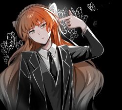 Rule 34 | black background, black jacket, black necktie, black vest, bow, brown hairband, bug, butterfly, collared shirt, e.g.o (project moon), finger gun, finger gun to head, hair bow, hairband, highres, insect, ishmael (project moon), jacket, limbus company, long hair, long sleeves, na-gyou (nunumaru), necktie, orange hair, project moon, shirt, simple background, very long hair, vest, white bow, white shirt, wing collar
