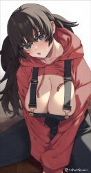 Rule 34 | 1girl, breasts, brown hair, cleavage, grey eyes, hair between eyes, highres, hooded shrug, large breasts, long hair, looking at viewer, murata tefu, on floor, open mouth, original, overalls, red shrug, shrug (clothing), simple background, solo, white background