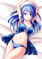 Rule 34 | 10s, 1girl, armpits, arms up, ayatsuri-doll, bed, blue eyes, blue hair, breasts, cleavage, collarbone, double bun, hat, highres, kantai collection, large breasts, lingerie, long hair, looking at viewer, lying, navel, negligee, on back, panties, sailor hat, solo, thighs, third-party edit, underwear, urakaze (kancolle)