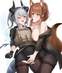 Rule 34 | animal ear fluff, animal ears, arknights, bad id, bad pixiv id, beruko14, black gloves, black shorts, black skirt, blush, braid, breast press, breasts, brown jacket, brown legwear, bulletproof vest, censored, collarbone, cowboy shot, dragon girl, dragon horns, dragon tail, electricity, fingering, fox ears, fox girl, fox tail, franka (arknights), gloves, heart, heavy breathing, highres, horns, jacket, large breasts, liskarm (arknights), liskarm (overload) (arknights), long sleeves, looking at another, miniskirt, nipples, no panties, official alternate costume, one eye closed, open clothes, open jacket, pantyhose, pantyhose under shorts, pencil skirt, ponytail, pussy, pussy juice, red eyes, short hair, short ponytail, short shorts, shorts, sidelocks, silver hair, simple background, skirt, tail, tears, thigh strap, topless, torn clothes, torn legwear, upskirt, white background, yuri