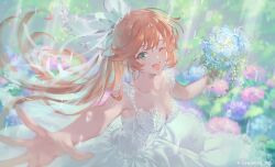 Rule 34 | 1girl, bare arms, blue flower, blue rose, blurry, blurry background, bouquet, breasts, bridal veil, bride, clarisse (granblue fantasy), cleavage, company name, copyright notice, dress, flower, granblue fantasy, green eyes, hair ornament, hydrangea, long hair, official art, one eye closed, open mouth, orange hair, outstretched arms, ponytail, rain, reaching, reaching towards viewer, rose, sidelocks, sleeveless, sleeveless dress, small breasts, solo, spread arms, upper body, veil, wedding dress, white dress