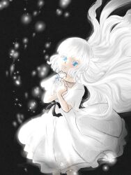 Rule 34 | 1girl, black background, black ribbon, blue eyes, commentary request, crying, crying with eyes open, dress, ender lilies quietus of the knights, floating hair, hair ornament, highres, jewelry, kyon mama, lily (ender lilies), long hair, necklace, pendant, ribbon, solo, tears, white dress, white hair