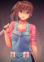 Rule 34 | 1girl, :d, apron, aura, bad id, bad twitter id, black skirt, blue apron, brown eyes, brown hair, collarbone, commentary request, dark aura, empty eyes, hair ornament, hair scrunchie, hand up, idolmaster, idolmaster cinderella girls, igarashi kyoko, knife, long hair, looking at viewer, open mouth, parted lips, pink sweater, reverse grip, scrunchie, shaded face, side ponytail, skirt, sleeves rolled up, smile, solo, sweater, umihotaru harumare, yandere