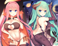 Rule 34 | 2girls, :p, absurdres, animal print, aqua eyes, ass, back, bat print, black legwear, blue eyes, breasts, cape, crescent moon, elbow gloves, gloves, green hair, hairband, halloween, hatsune miku, highres, horns, jack-o&#039;-lantern, jyt, large breasts, long hair, megurine luka, moon, multiple girls, navel, night, open mouth, pantyhose, paw pose, pink hair, small breasts, thighhighs, tongue, tongue out, twintails, very long hair, vocaloid