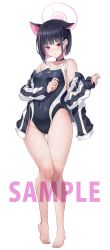 Rule 34 | 1girl, animal ears, bare legs, barefoot, black choker, black hair, black jacket, black one-piece swimsuit, blue archive, blush, breasts, cat ears, choker, colored inner hair, competition swimsuit, emanon123, extra ears, full body, hair ornament, hairclip, halo, highres, jacket, kazusa (blue archive), long sleeves, medium breasts, multicolored hair, one-piece swimsuit, open clothes, open jacket, parted lips, pink hair, pink halo, red eyes, sample watermark, short hair, simple background, solo, swimsuit, swimsuit under clothes, watermark, white background