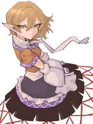 Rule 34 | 1girl, absurdres, arm warmers, blonde hair, closed mouth, green eyes, highres, looking at viewer, mizuhashi parsee, mugi (mugimugi 9kv), multicolored clothes, pointy ears, scarf, short hair, short sleeves, simple background, smile, solo, touhou, white background, white scarf