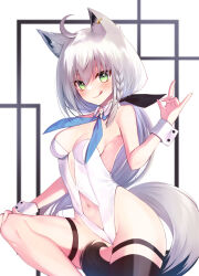 Rule 34 | 1girl, :d, ahoge, animal ear fluff, animal ears, between legs, black bow, black thighhighs, blue neckerchief, blush, bow, braid, breasts, clothing cutout, commentary request, detached collar, earrings, fox ears, fox girl, fox shadow puppet, fox tail, green eyes, hair between eyes, hair bow, hand on own knee, highres, hololive, jewelry, leotard, long hair, looking at viewer, navel, navel cutout, neckerchief, open mouth, shirakami fubuki, sidelocks, single braid, single thighhigh, small breasts, smile, solo, tail, tail between legs, thigh strap, thighhighs, tsurugi hikaru, virtual youtuber, white hair, white leotard, wrist cuffs