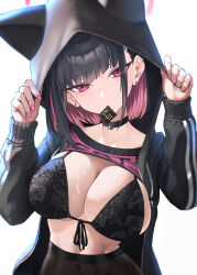 Rule 34 | 1girl, absurdres, animal ears, black bra, black hair, black pantyhose, blue archive, blush, bra, breasts, cat ears, choker, colored inner hair, condom, condom in mouth, condom wrapper, extra ears, hair ornament, hairclip, halo, highres, hood, hood up, kazane-wind, kazusa (blue archive), large breasts, looking at viewer, mouth hold, multicolored hair, pantyhose, pink hair, red eyes, short hair, solo, underwear
