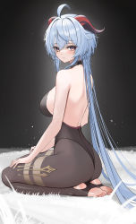 Rule 34 | 1girl, ahoge, ass, back, bare back, bare shoulders, black leotard, blue hair, bodystocking, breasts, closed mouth, commentary request, expressionless, feet, from side, full body, ganyu (genshin impact), genshin impact, goat horns, gradient eyes, grass, highres, horns, large breasts, leotard, long hair, looking at viewer, looking back, low ponytail, multicolored eyes, no shoes, pantyhose, ponytail, purple eyes, rikui (rella2930), seiza, sidelocks, sitting, soles, solo, stirrup legwear, toeless legwear, toes, two-tone background, very long hair