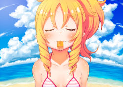 Rule 34 | 10s, 1girl, :3, bare shoulders, beach, bikini, blonde hair, blue sky, blush, breasts, closed eyes, cloud, cloudy sky, collarbone, cookie, day, drill hair, eromanga sensei, food, food in mouth, hair between eyes, horizon, incoming food, kbisuco, long hair, ocean, outdoors, parted bangs, pink bikini, pointy ears, ponytail, shiny skin, sky, small breasts, solo, striped bikini, striped bikini top, striped clothes, swimsuit, twin drills, upper body, yamada elf