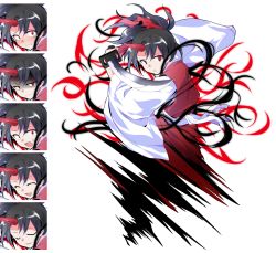 Rule 34 | 1girl, :d, black hair, blush, closed eyes, closed mouth, commentary request, dairi, expressions, holding, holding sword, holding weapon, horns, konngara (touhou), long sleeves, looking at viewer, multiple views, open mouth, ponytail, red eyes, shaded face, simple background, single horn, smile, sweat, sword, tachi-e, tears, touhou, touhou (pc-98), weapon, white background