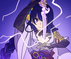 Rule 34 | 1girl, braid, breasts, closed mouth, electricity, genshin impact, holding, holding sword, holding weapon, human scabbard, imtmcomics, japanese clothes, long hair, purple eyes, purple hair, raiden shogun, simple background, single braid, solo, sword, upper body, vision (genshin impact), weapon, wide sleeves