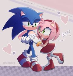 Rule 34 | 1boy, 1girl, absurdres, amy rose, animal ears, artist name, blue fur, boots, couple, dress, furry, furry female, furry male, gloves, gold bracelet, green eyes, hairband, heart, hedgehog, hedgehog boy, hedgehog ears, hedgehog girl, hedgehog tail, highres, looking at another, lunaerim, pink fur, red dress, red footwear, red hairband, shoes, sleeveless, sleeveless dress, smile, sonic (series), sonic the hedgehog, tail