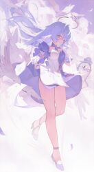 Rule 34 | 1girl, aqua eyes, bird, clockie (honkai: star rail), cloud, detached sleeves, dove, dress, feathered wings, feathers, gloves, halo, head wings, highres, honkai: star rail, honkai (series), long hair, looking at viewer, parted lips, pastel colors, purple footwear, purple hair, purple sleeves, reaching, reaching towards viewer, robin (honkai: star rail), sky, white dress, white gloves, white wings, wings, zhishuixy