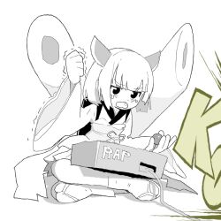 Rule 34 | 1girl, angry, arcade stick, backpack, bag, blade, clenched hand, clenched teeth, controller, defeat, english text, full body, game controller, greyscale, grimace, gundam (vxrwvww), headgear, highres, indian style, japanese clothes, joystick, k.o., kimono, kiritanpo (food), long sleeves, looking ahead, monochrome, obi, obijime, oversized food, oversized object, playing games, pleated skirt, raised fist, sandals, sash, short hair, short kimono, sitting, skirt, solo, spot color, tabi, tearing up, teeth, touhoku kiritan, trembling, v-shaped eyebrows, voiceroid, wide sleeves, zouri