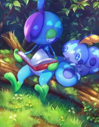 Rule 34 | blue eyes, blue theme, book, creatures (company), day, drizzile, evolutionary line, flower, full body, game freak, gen 8 pokemon, grass, highres, holding, nintendo, no humans, outdoors, pippi (pixiv 1922055), pokemon, pokemon (creature), pokemon swsh, sitting, sobble, tail