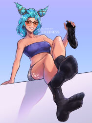 Rule 34 | 1girl, bandeau, bare arms, bare shoulders, black footwear, black socks, blue background, blue hair, boots, unworn boots, breasts, commentary, cone hair bun, feet, foreshortening, grin, hair bun, hand up, highres, holding, league of legends, legs, looking at viewer, midriff, no shoes, ocean song zeri, raion rennes, short hair, simple background, sitting, small breasts, smile, socks, soles, solo, strapless, sunglasses, thighs, toes, tube top, zeri (league of legends)