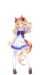 Rule 34 | 1girl, animal ears, blue eyes, blush, breasts, character request, collarbone, espoir city (umamusume), fingernails, full body, hair between eyes, hair ornament, highres, horse ears, horse girl, horse tail, official art, open mouth, orange hair, solo, standing, tail, thighhighs, transparent background, umamusume, v