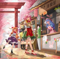 Rule 34 | 4girls, absurdres, animal ears, apron, baguette, bandaged arm, bandages, black footwear, black headwear, blonde hair, blue dress, blue hair, boots, bow, bread, breasts, bun cover, carrot, cherry blossoms, closed eyes, commentary request, dango, day, dobostorte, double bun, dress, earclip, eating, food, food in mouth, frilled sleeves, frills, full body, gourd, green skirt, hair bow, hair bun, hanging plant, hat, highres, horn ornament, horn ribbon, horns, ibaraki kasen, ibuki suika, kirisame marisa, lantern, long hair, looking at another, low-tied long hair, market stall, multiple girls, open mouth, orange hair, outdoors, paper lantern, petals, pink apron, pink eyes, pink hair, plant, potted plant, purple ribbon, purple skirt, rabbit ears, red bow, red eyes, red footwear, ribbon, ribbon-trimmed skirt, ribbon trim, seiran (touhou), shirt, shoes, short hair, short sleeves, sidelocks, skirt, sleeveless, sleeveless shirt, small breasts, smile, tabard, torii, touhou, translation request, tree, very long hair, wagashi, walking, white shirt, witch hat, wrist cuffs